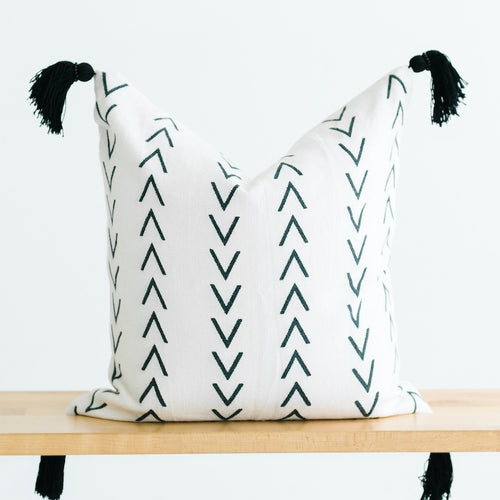 white throw pillow with black tassels
