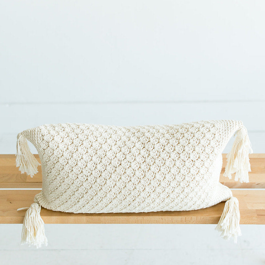 hand knitted throw pillow cover cream with tassels