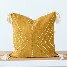 Load image into Gallery viewer, boho chic throw pillows mustard with tassels
