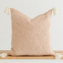 Load image into Gallery viewer, peach throw pillow with hand stitching and tassels